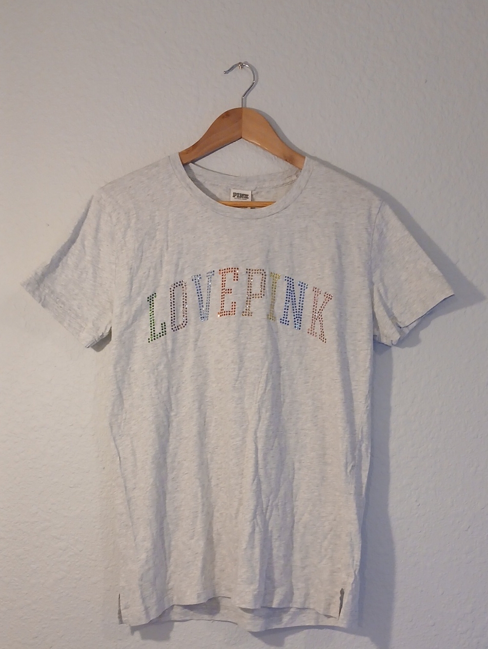PINK Victoria's Secret Light Gray 'LOVE PINK' Studded Tee
